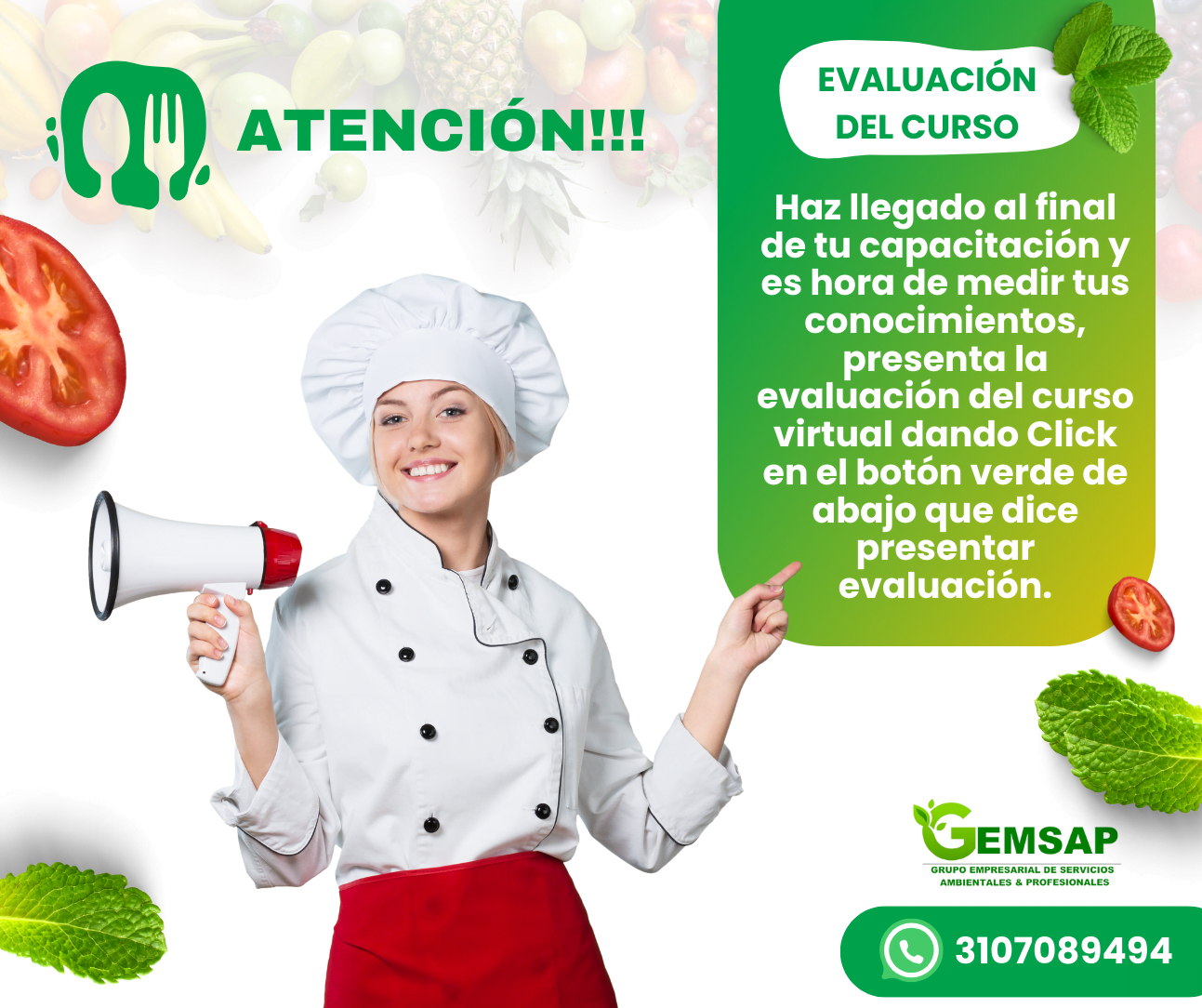 Evaluacion del curso de manipulacion de alimentos virtual empresas