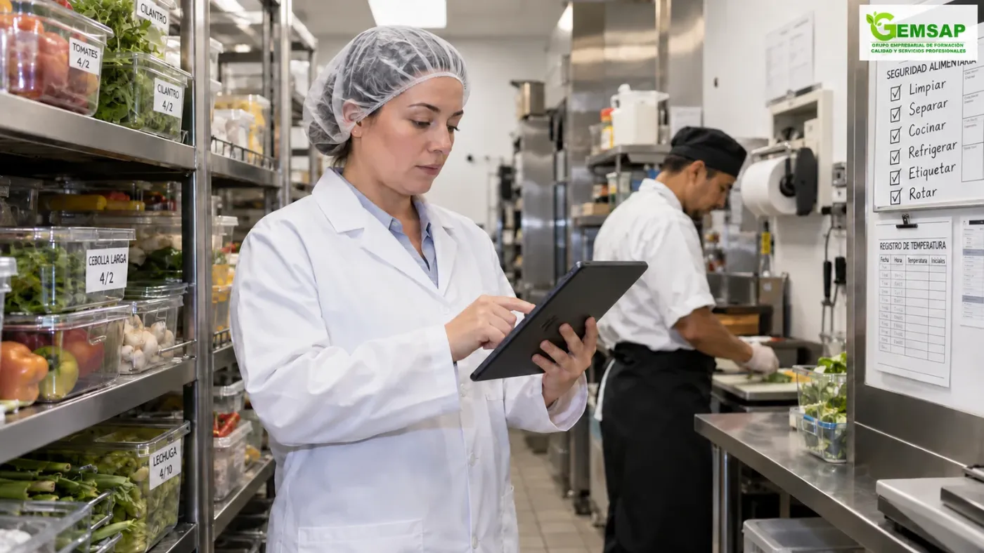 Consultora de GEMSAP revisando el plan de saneamiento básico en la cocina de un restaurante