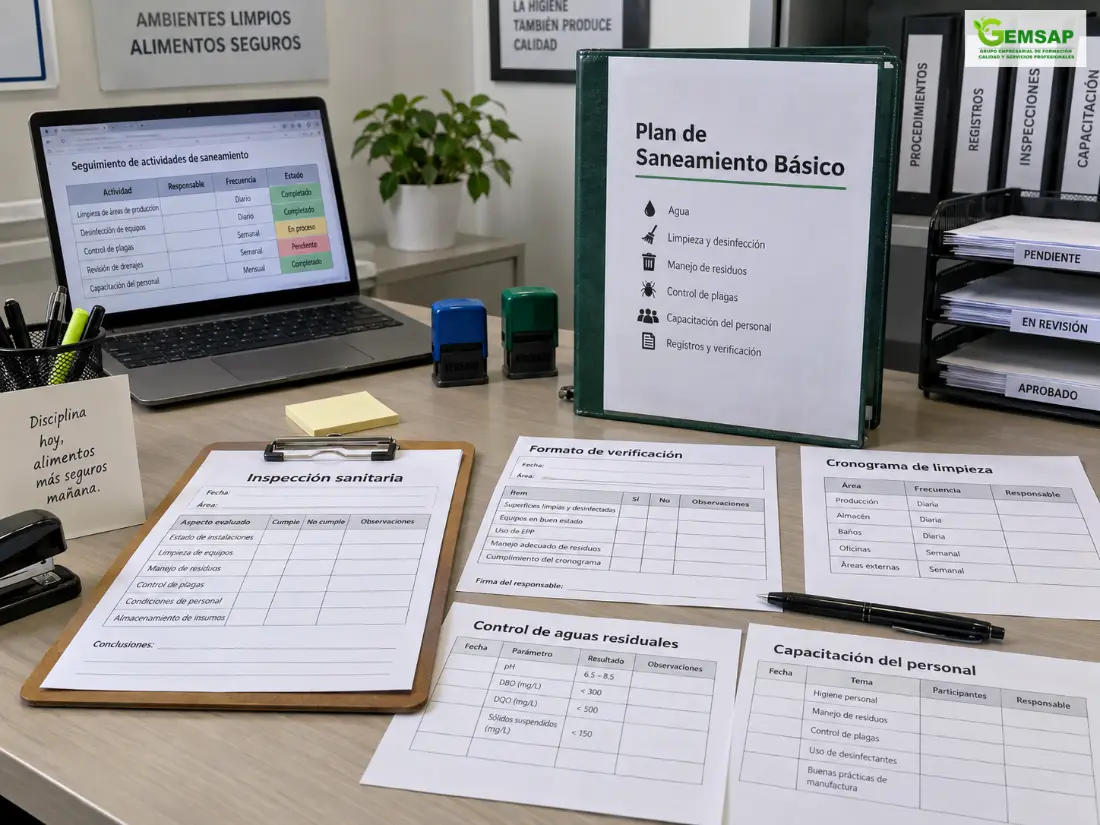 Carpeta del Plan de Saneamiento Básico GEMSAP con formatos de inspección, cronograma de limpieza y registros