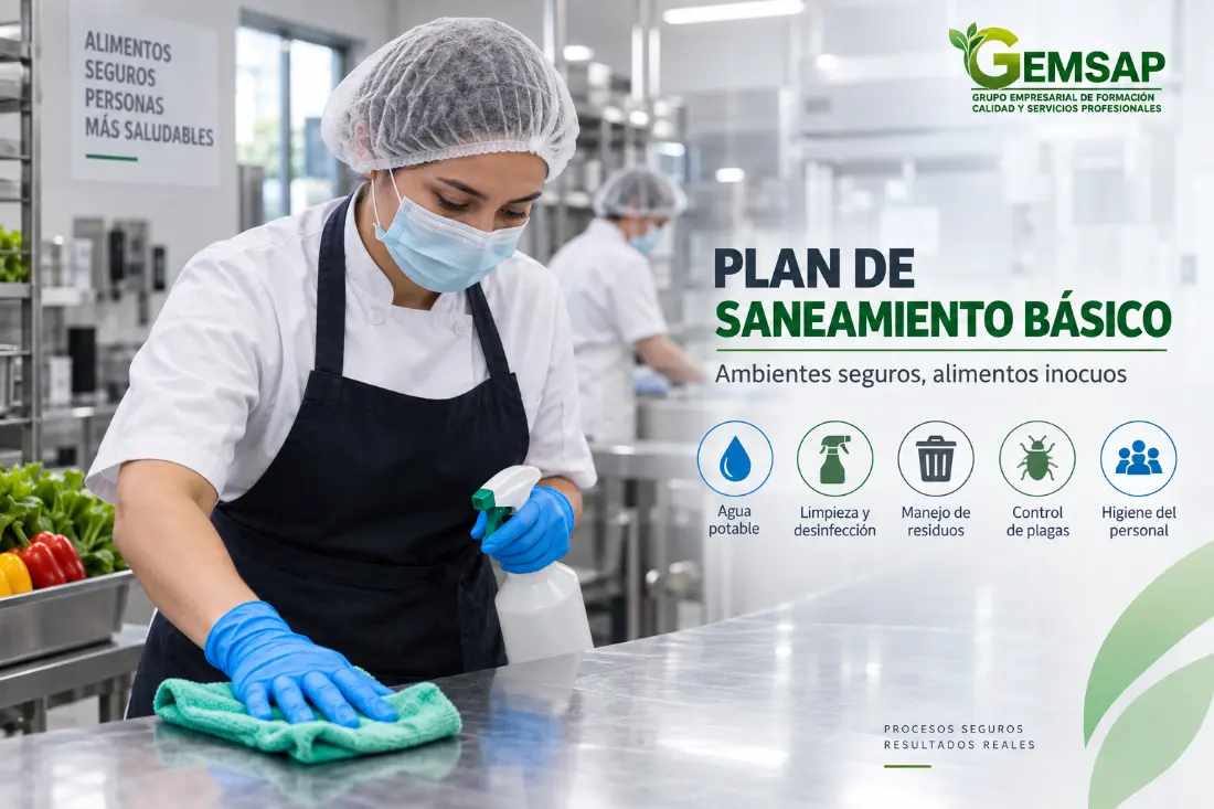 Plan de Saneamiento Básico GEMSAP: agua potable, limpieza y desinfección, manejo de residuos, control de plagas e higiene del personal